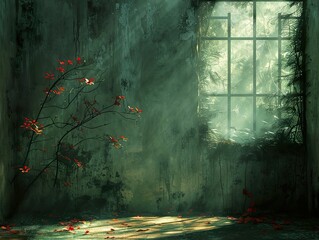 Canvas Print - Abandoned Room with Overgrown Window - A Haunting Landscape