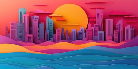 Canvas Print - Morning sunrise over a city beach, Morning sunrise over a beach