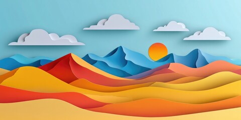 Poster - Dunes and mountain scenery with morning clouds in a desert landscape, Dunes and mountain landscape with morning clouds in a desert environment