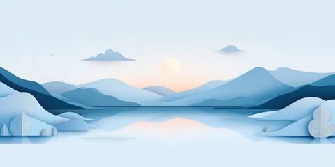 Wall Mural - Serene minimalist landscape featuring a smooth lake mirroring the calm waters, a clear horizon, and bright skies A simple, beautiful natural backdrop with space for text