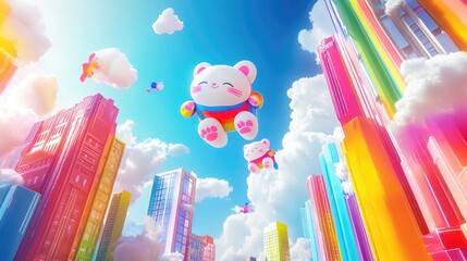 Poster - 3D animated animals wearing superhero costumes, soaring through a vibrant fantasy city with rainbow-colored clouds.