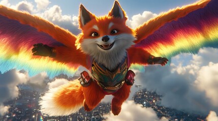 Poster - 3D animated animals wearing superhero costumes, soaring through a vibrant fantasy city with rainbow-colored clouds.
