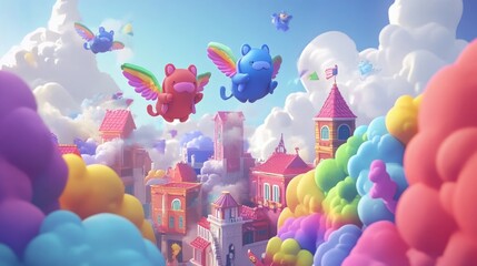 Poster - 3D animated animals wearing superhero costumes, soaring through a vibrant fantasy city with rainbow-colored clouds.