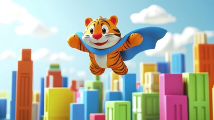Poster - A 3D cartoon tiger wearing a superhero cape, flying over a colorful city skyline with a confident and playful smile.
