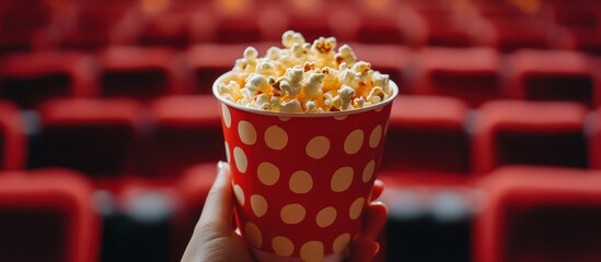 Canvas Print - Close up of a hand holding a red and white polka dot cup of popcorn with red seats blurred in the background.