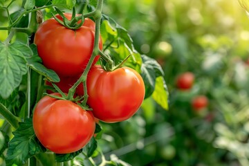 Ripe red tomatoes are on the green foliage background