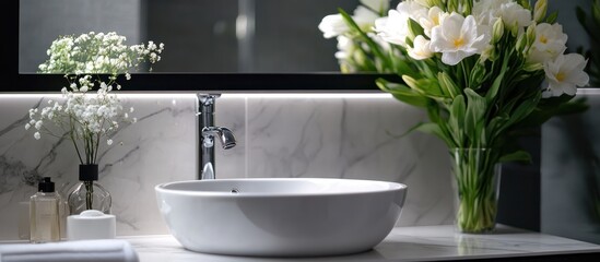 Wall Mural - Close-up of a white porcelain bathroom sink with a chrome faucet, a bouquet of white flowers in a glass vase, and a small bottle of hand soap on a marble countertop.