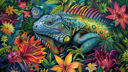 Wall Mural - Vibrant Green Iguana Camouflaged in a Lush Tropical Rainforest