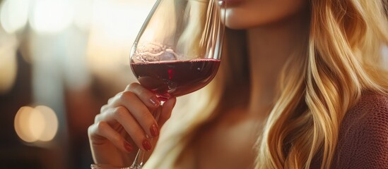 Wall Mural - Close-up of a woman's hand holding a glass of red wine, with her face and long blonde hair blurred in the background.