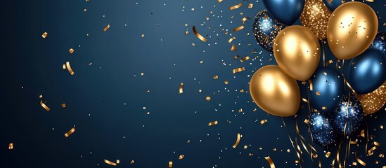 Wall Mural - Festive gold and blue balloons with confetti falling on a dark blue background.