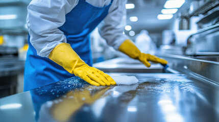 cleaner in yellow gloves scrubs stainless steel kitchen counters, ensuring hygienic environment. focus is on cleanliness and industrial kitchen maintenance