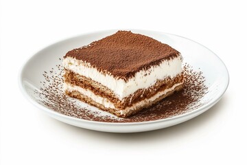 A delectable slice of tiramisu on a white plate, dusted with cocoa powder isolated