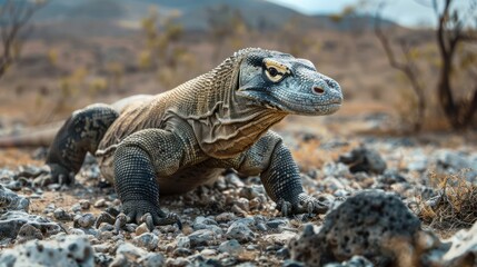 Wall Mural - A Komodo Dragon Strolling on Rocky Terrain