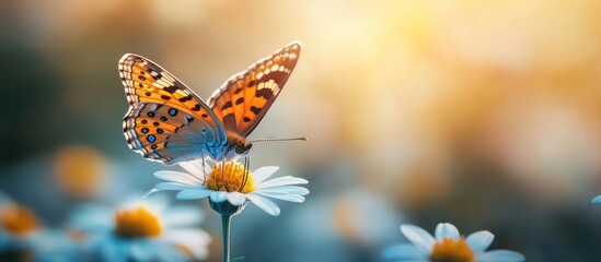 Canvas Print - A colorful butterfly perched on a white daisy flower with a blurred background of other daisies.