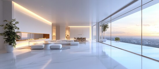 Sticker - Modern living room with white walls, large windows, and a view of the city skyline.