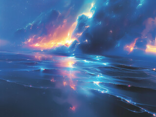 Wall Mural - A neon galaxy where stars and planets twinkle with surreal light. Nebulae swirl and dance, creating a beautiful and magical picture of the universe.