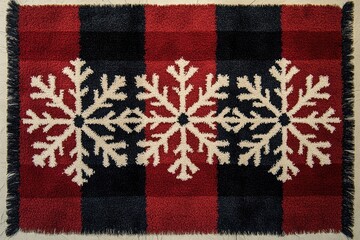 red and black buffalo plaid christmas doormat with snowflakes design lying on wooden floor