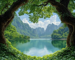 a tranquil lake nestled between lush green mountains, framed by two large trees. the water is crysta