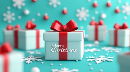 A festive scene with a Christmas gift box adorned with a red ribbon and a cheerful “Merry Christmas” message, surrounded by snowflakes on a turquoise background.