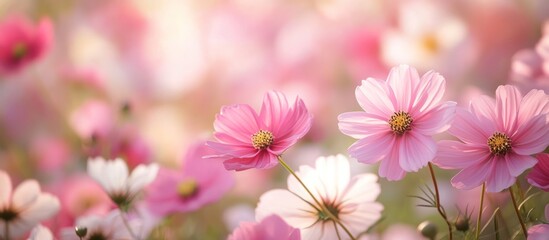 Wall Mural - Soft pink cosmos flowers in a field, with a blurry background of other blooms and warm sunlight.