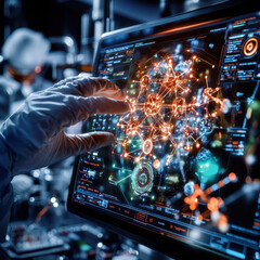 Aufkleber - digital touchscreen display shows detailed scientific interface with interconnected data points and vibrant graphics, illustrating advanced technology in laboratory setting