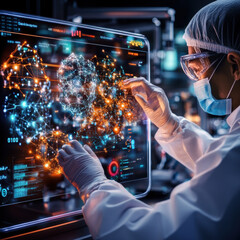 Aufkleber - scientist interacts with digital touchscreen display, showcasing detailed network of interconnected data points and visualizations. atmosphere is high tech and innovative, reflecting advancements in