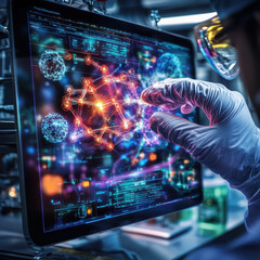Aufkleber - scientist interacts with digital touchscreen display, showcasing intricate data visualizations and molecular structures. vibrant colors and detailed graphics create engaging atmosphere of advanced