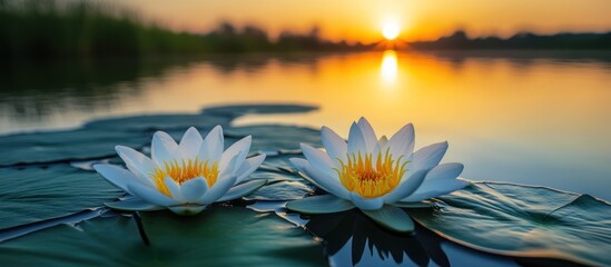 Wall Mural - Two white water lilies float on a calm lake at sunset.