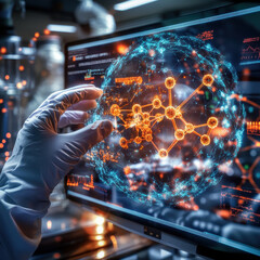 Aufkleber - scientist interacts with digital touchscreen display, showcasing detailed visualization of molecular structures and data analysis. scene conveys sense of innovation and advanced technology in