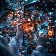 Aufkleber - scientist in lab coat interacts with digital touchscreen display, showcasing complex network of data and connections. vibrant colors and intricate details highlight advanced technology and research