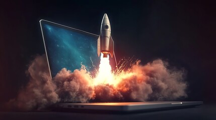 Poster - Laptop Rocket Launch Digital Innovation Technology