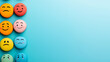 © keystoker - Colorful emotion faces arranged on a blue background illustrate the importance of mental health support in promoting emotional well-being, copy space