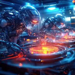 Aufkleber - Futuristic lab scene featuring AI powered robots working on advanced technology. vibrant colors and intricate details create captivating atmosphere of innovation and progress