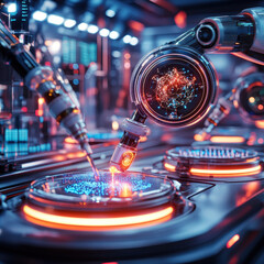 Aufkleber - Futuristic lab scene with AI powered robots working on advanced technology. vibrant colors and intricate details create captivating atmosphere of innovation and precision