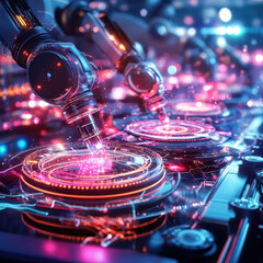 Aufkleber - Futuristic lab scene featuring AI powered robots working with advanced technology, showcasing vibrant lights and intricate designs. atmosphere is dynamic and innovative