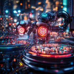 Aufkleber - Futuristic lab scene featuring AI powered robots interacting with glowing circuit boards, showcasing advanced technology and innovation in vibrant urban environment