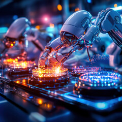 Aufkleber - Futuristic lab scene featuring AI powered robots working on advanced technology. vibrant lights and intricate machinery create captivating atmosphere of innovation and progress
