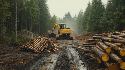 A dense forest being cleared, with logs piled high and machinery in action