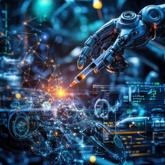 Aufkleber - futuristic robotic arm holding syringe injects glowing substance into complex network of technology, symbolizing advanced medical innovation and precision