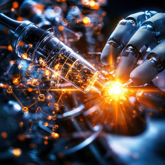 Aufkleber - futuristic robotic arm holding syringe, injecting glowing substance, symbolizes advanced technology and innovation in medicine. intricate details highlight blend of robotics and science