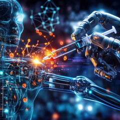 Aufkleber - futuristic robotic arm is injecting syringe into synthetic human shoulder, showcasing advanced technology and innovation in medical applications. scene is vibrant and dynamic, highlighting
