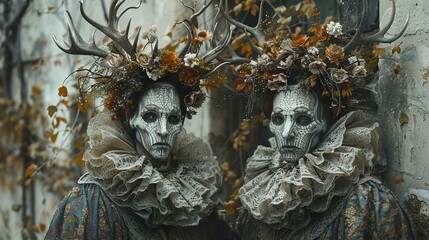 Wall Mural - Two Figures in Elaborate Costumes with Antlers and Flowers