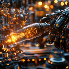 Aufkleber - futuristic robotic arm holding glowing syringe amidst backdrop of intricate molecular structures, symbolizing advanced technology and innovation in medicine