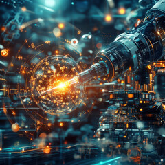 Aufkleber - futuristic robotic arm interacts with glowing digital interface, showcasing advanced technology and innovation. vibrant colors and intricate details evoke sense of wonder and possibility