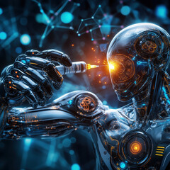 Aufkleber - futuristic robotic arm holding syringe injects glowing substance into humanoid figure, showcasing advanced technology and innovation. scene is vibrant and dynamic, reflecting blend of science and
