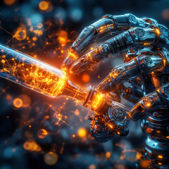 Aufkleber - futuristic robotic arm holding syringe, showcasing advanced technology and intricate design. glowing elements and detailed mechanics evoke sense of innovation and precision