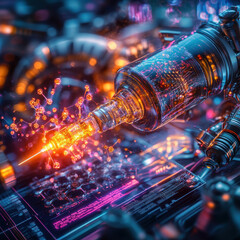 Aufkleber - futuristic robotic arm holding syringe injects glowing particles into digital interface, showcasing advanced technology and innovation. vibrant colors and intricate details evoke sense of wonder and