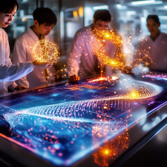 Aufkleber - Innovative scientists collaborating around high tech table, visualizing data with holographic displays and glowing graphics, showcasing advanced research and teamwork