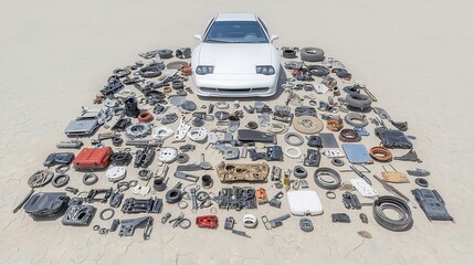 Poster - Car components arranged on an aged surface, showcasing intricate details and textures, inviting exploration of engineering and design in automotive craftsmanship.