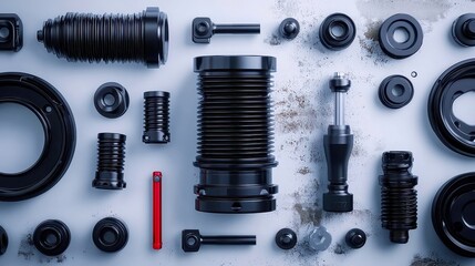 Poster - Car components arranged on a rustic surface, showcasing intricate details and textures, evoking a sense of industrial charm and mechanical artistry.